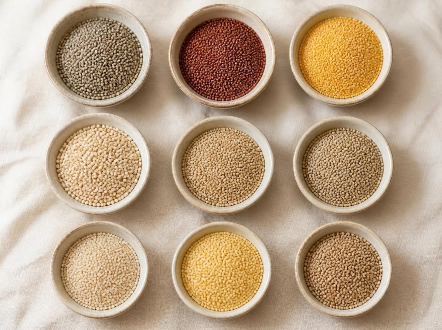 Nine bowls of different millet varieties on linen