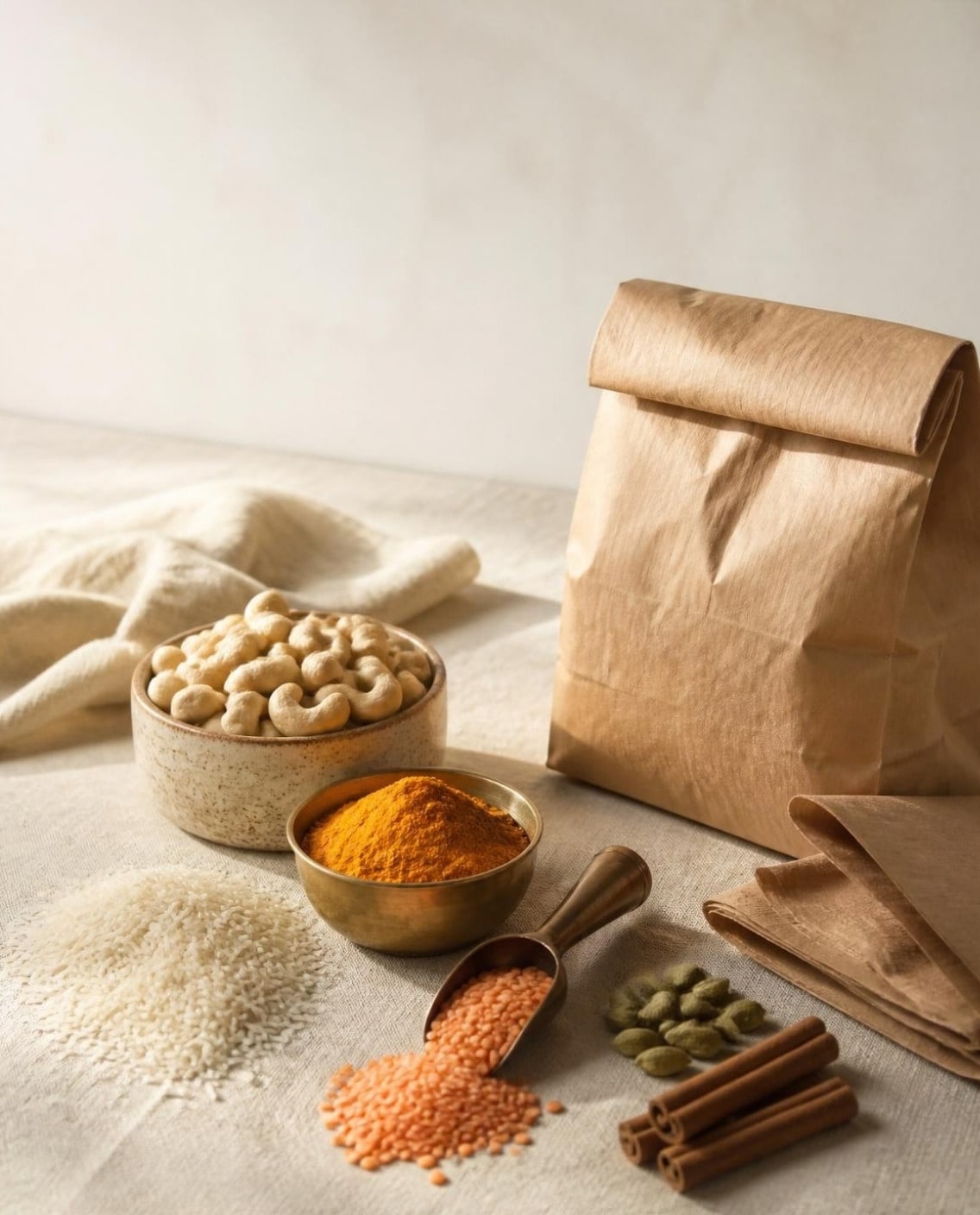 Cashews, turmeric, basmati rice, red lentils, cardamom and cinnamon beside a kraft paper bag on linen